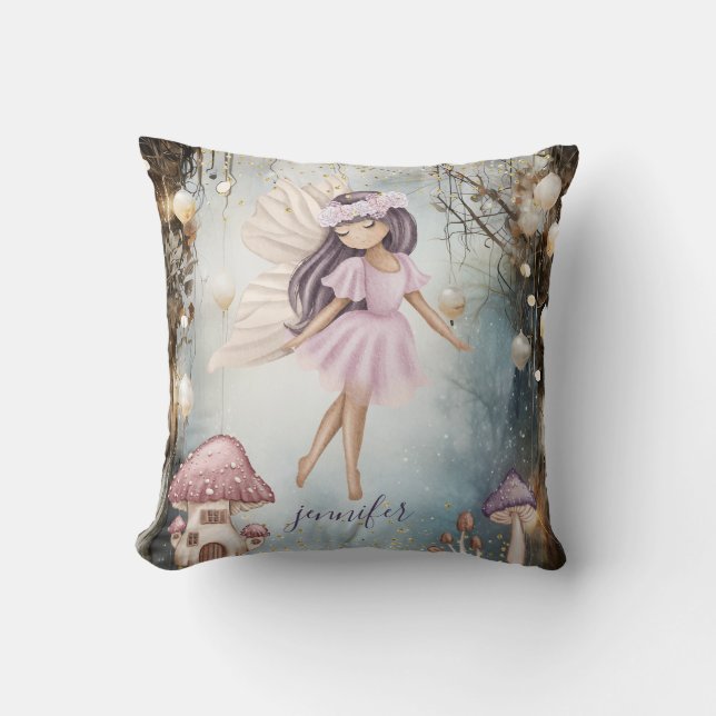 Personalized Enchanted Forest Fairy Girl's Throw Pillow (Front)