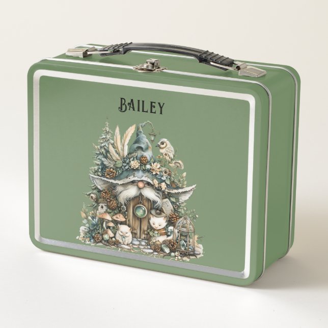 Personalized Enchanted Forest Gnome Green Metal Lunch Box (Front)