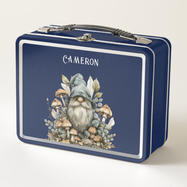 Personalized Enchanted Forest Gnome Navy Blue Metal Lunch Box (Front)