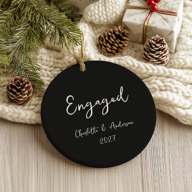 Personalized Engaged Couple Handwritten Black Ceramic Ornament (Creator Uploaded)