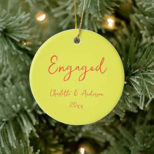 Personalized Engaged Couple Handwritten Chartreuse Ceramic Ornament (Tree)