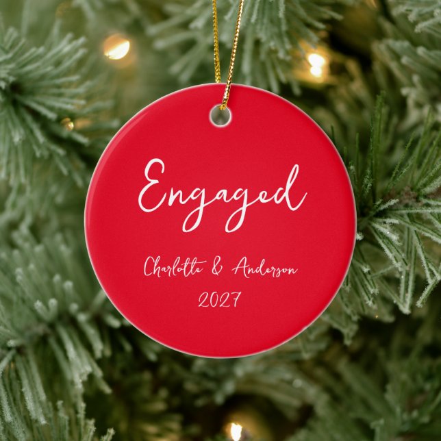 Personalized Engaged Couple Handwritten Red Ceramic Ornament (Tree)