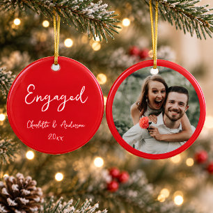 Personalized Engaged Couple Handwritten Red Photo Ceramic Ornament