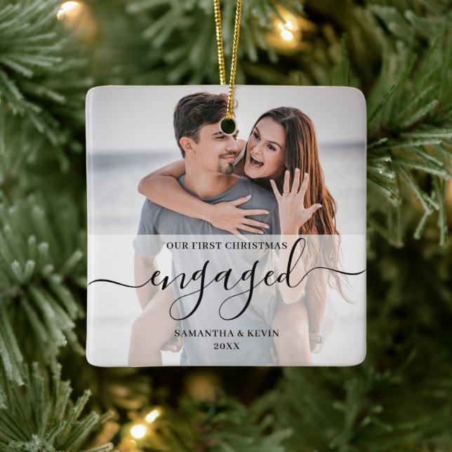 Personalized Engaged Couple Photo Names Trees Ceramic Ornament (Tree)