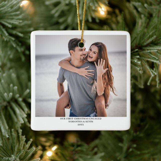 Personalized Engaged Couple Photo Names Trees Ceramic Ornament (Tree)