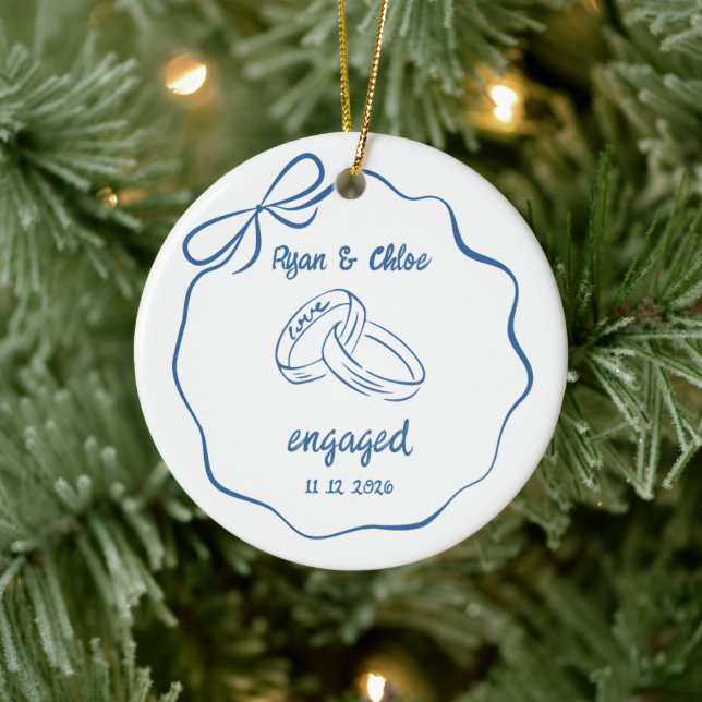 Personalized Engaged Couple Ring Bow  Ceramic Ornament (Tree)