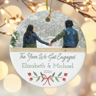 Personalized Engaged First Christmas Festive Photo Ceramic Ornament