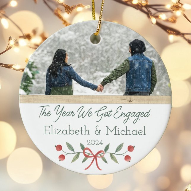 Personalized Engaged First Christmas Festive Photo Ceramic Ornament (Creator Uploaded)