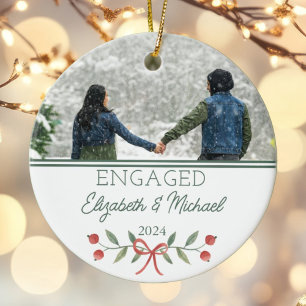 Personalized Engaged First Christmas Festive Photo Ceramic Ornament