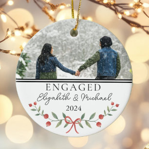 Personalized Engaged First Christmas Festive Photo Ceramic Ornament