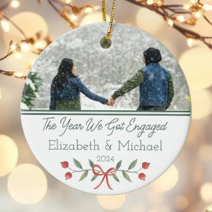 Personalized Engaged First Christmas Festive Photo Ceramic Ornament