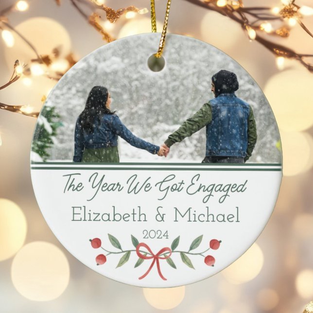 Personalized Engaged First Christmas Festive Photo Ceramic Ornament (Creator Uploaded)