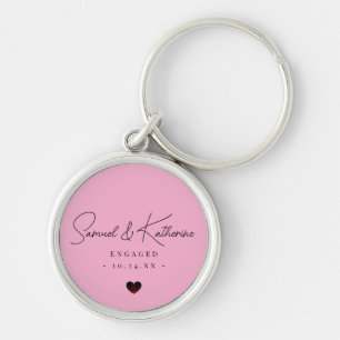 Personalized Engagement Date Pink Heart Script Keychain
