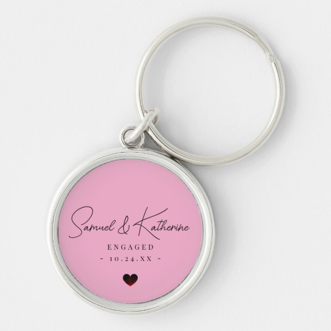 Personalized Engagement Date Pink Heart Script Keychain (Front)