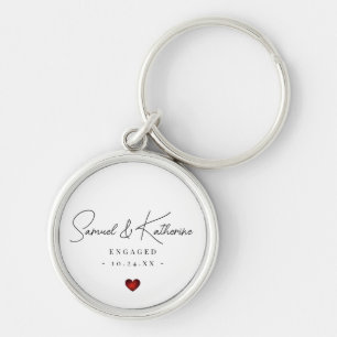 Personalized Engagement Date White Heart Script Keychain