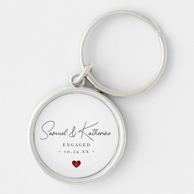 Personalized Engagement Date White Heart Script Keychain (Front)