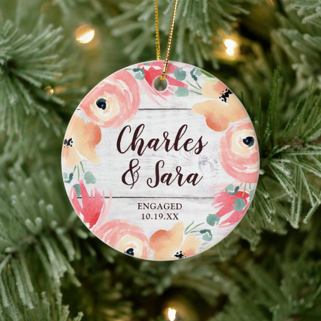 Personalized Engagement Farmhouse Floral Wreath Ceramic Ornament (Tree)