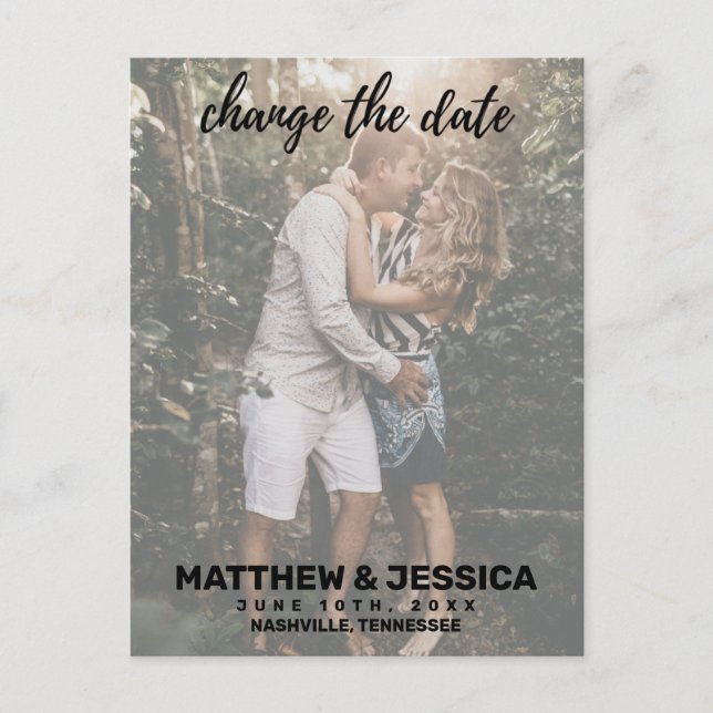 Personalized Engagement Photo Date Change Announcement Postcard (Front)