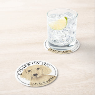 Personalized English Cream Dachshund Dog Wedding Round Paper Coaster