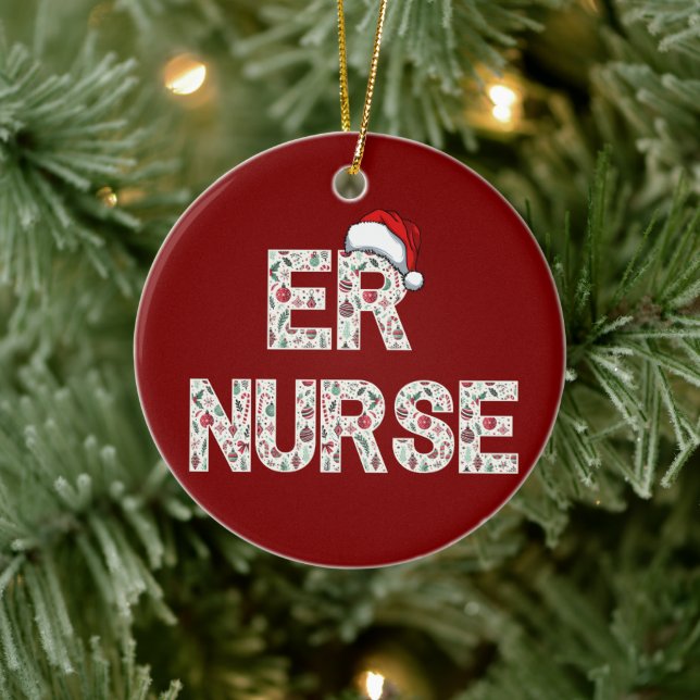 Personalized ER Nurse Christmas Gift Santa Trendy Ceramic Ornament (Tree)