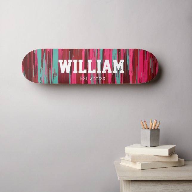Personalized Est  Colourful Abstract Red &Pink Skateboard (Wall Art (Horz))