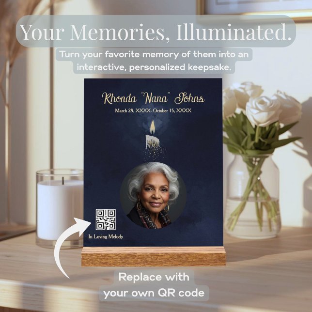 Personalized Eternal Light Memorial with Music Acrylic Sign (Custom indigo and gold memorial acrylic with portrait and scannable interactive music link.)