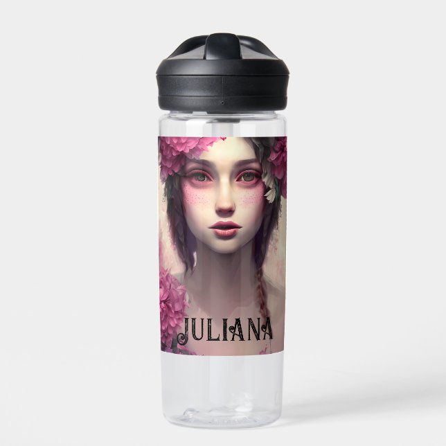 Personalized Ethereal Girl with Pink Freckles Water Bottle (Front)