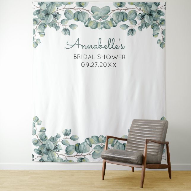 Personalized Eucalyptus Bridal Shower Photo Prop Tapestry (In Situ)
