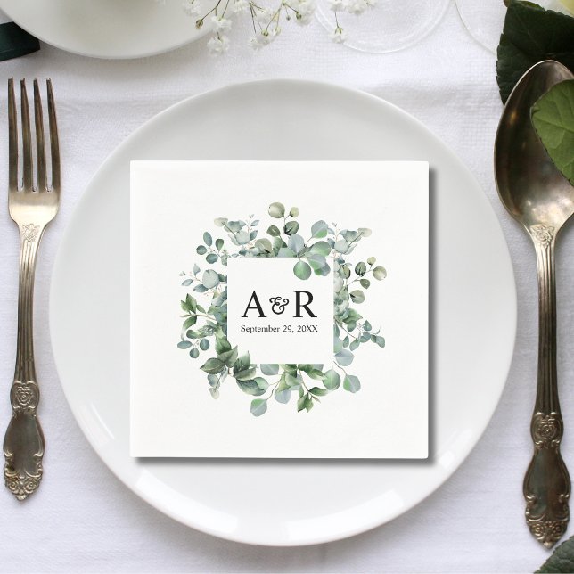 Personalized Eucalyptus Couple Initials Wedding Napkin (Personalized eucalyptus couple initials wedding napkins add fresh natural elegance to receptions.)