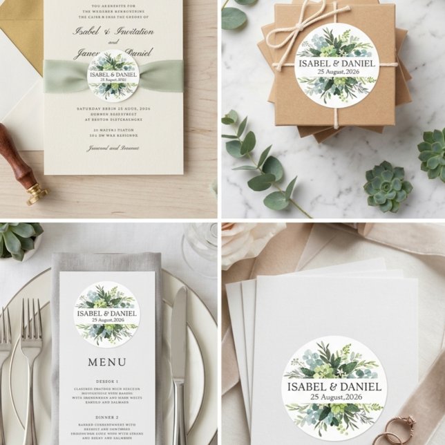 Personalized Eucalyptus Greenery Wedding Classic Round Sticker (Personalized Eucalyptus Greenery Wedding Classic Round Sticker)