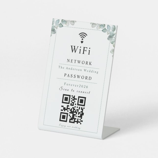 Personalized Eucalyptus Wedding WiFi Sign with QR  (Front)