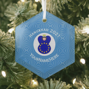 Personalized European Union Angel Hanukkah Flag Glass Ornament