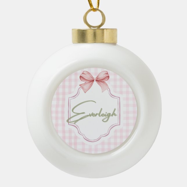 Personalized Everleigh Baby Girl Nursery Gingham Ceramic Ball Christmas Ornament (Front)