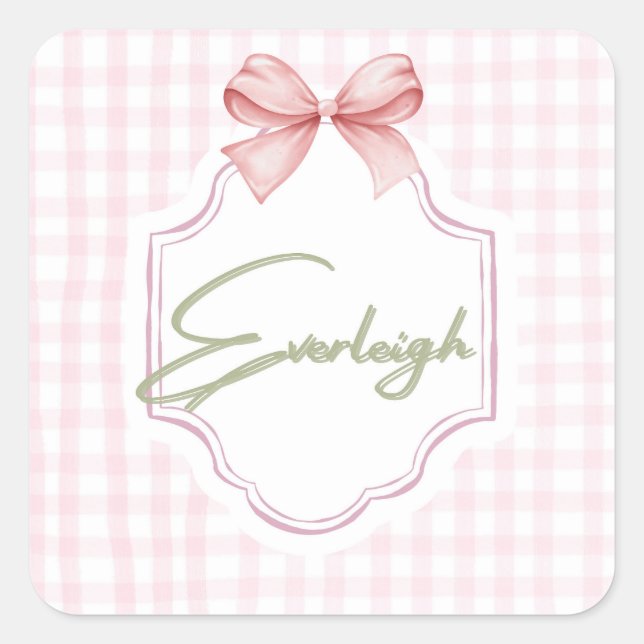 Personalized Everleigh Baby Girl Nursery Gingham Square Sticker (Front)