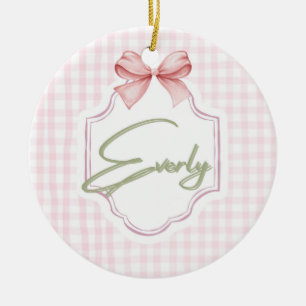 Personalized Everly Baby Girl Nursery Bow&Gingham Ceramic Ornament