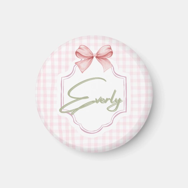 Personalized Everly Baby Girl Nursery Bow&Gingham Magnet (Front)