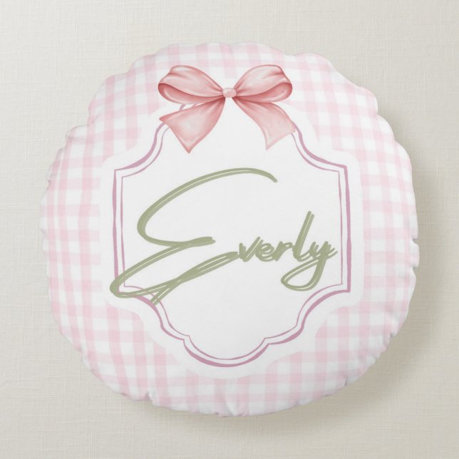 Personalized Everly Baby Girl Nursery Bow&Gingham Round Pillow (Front)