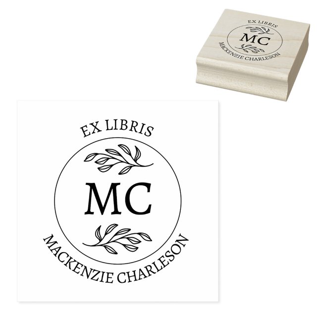 Personalized Ex Libris Monogram Book Rubber Stamp (Botanical Leaf classical monogram initial personalized Ex Libris from the library of rubber stamp)