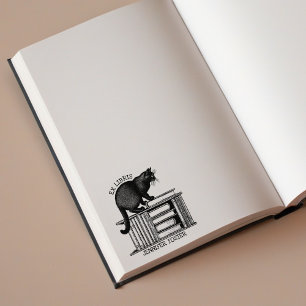 Personalized Ex Libris, Vintage Cat Book  Rubber Stamp