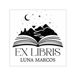 Personalized Ex Libris with a Book and Stars Heart Self-inking Stamp