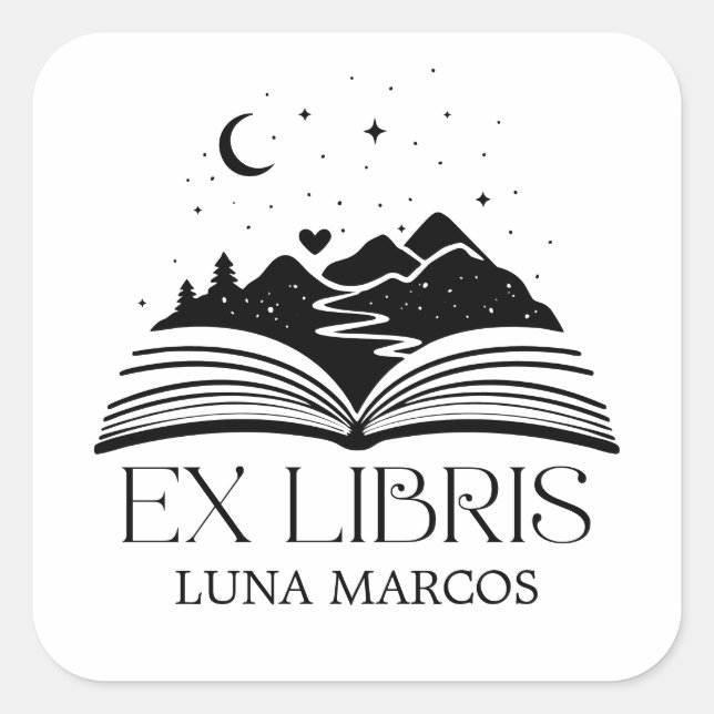 Personalized Ex Libris with a Book and Stars Heart Square Sticker (Front)