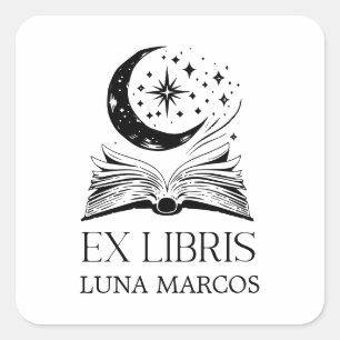 Personalized Ex Libris with a Book and Stars Square Sticker