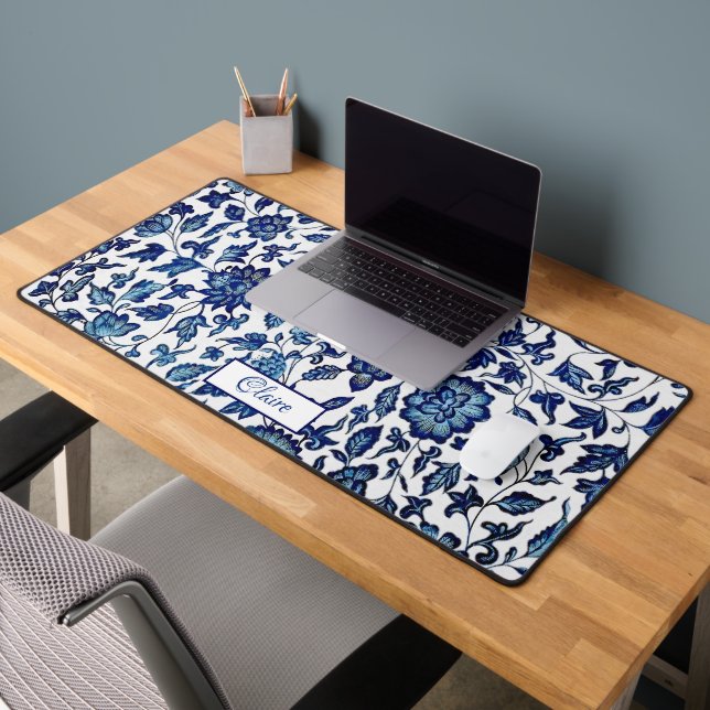 Personalized Exotic Chic Blue & White Floral Desk Mat (Office 2)