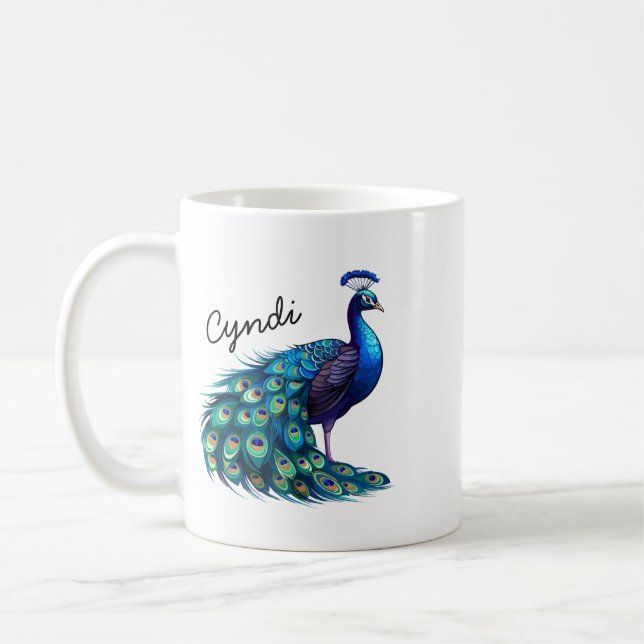 Personalized Exotic Peacock Bird Coffee Mug, Peaco Mug (Left)