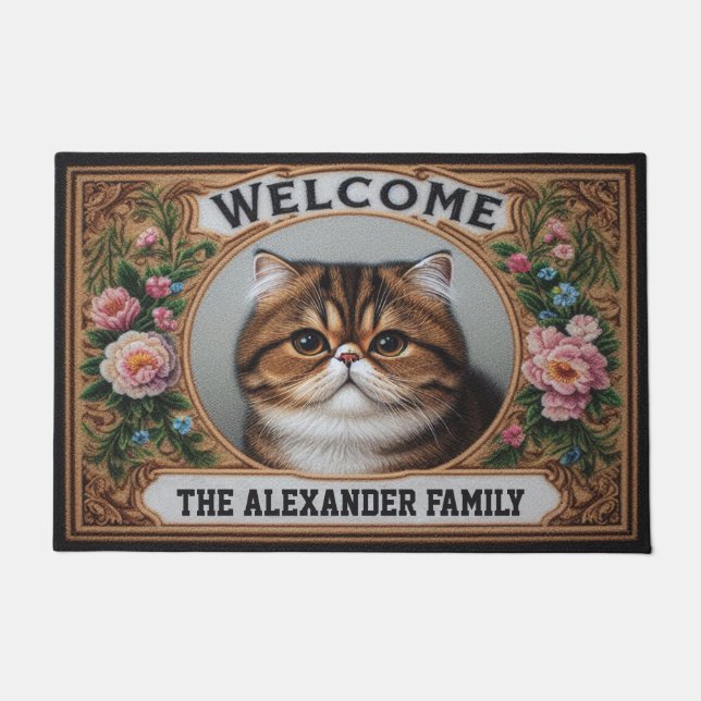Personalized Exotic shorthair Cat Floral Welcome Doormat (Front)