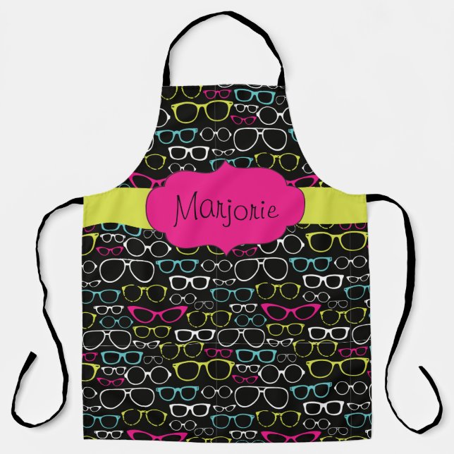 Personalized Eye Glasses Patterned Magenta Black Apron (Front)
