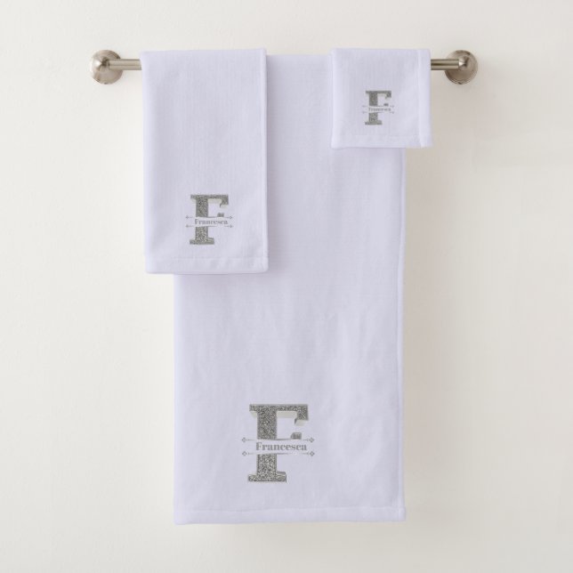 Personalized F Initial Silver Monogram Your Name Bath Towel Set (Insitu)