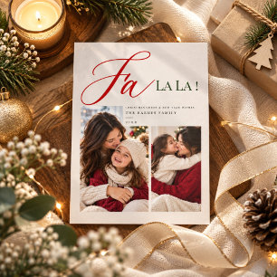 personalized Fa La La Red Script Christmas 2 Photo Holiday Card