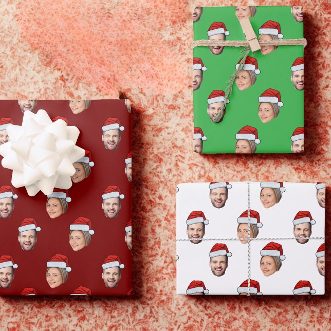 Personalized Face 2 Photo Santa Hat Christmas Gift Wrapping Paper Sheet (Creator Uploaded)
