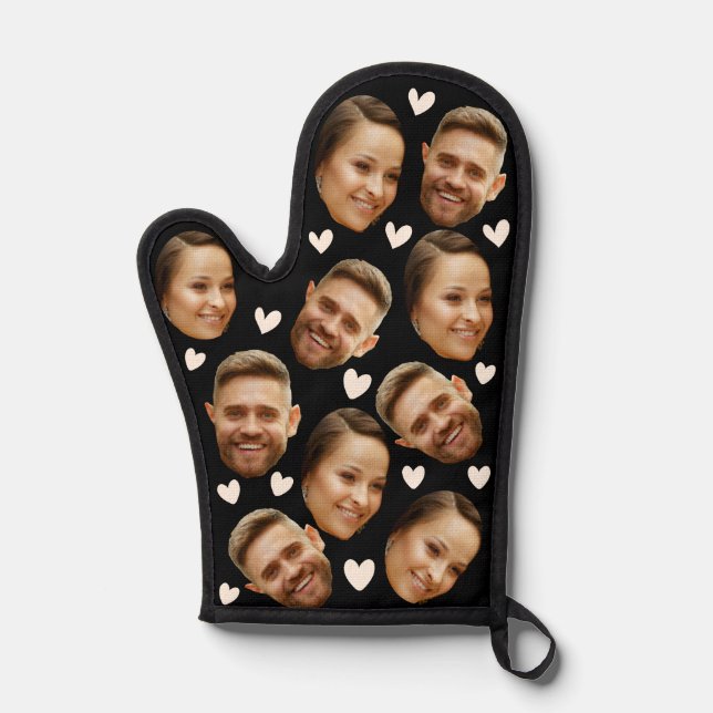 Personalized Face Custom Photo Heart Couple Black Oven Mitt (Front)
